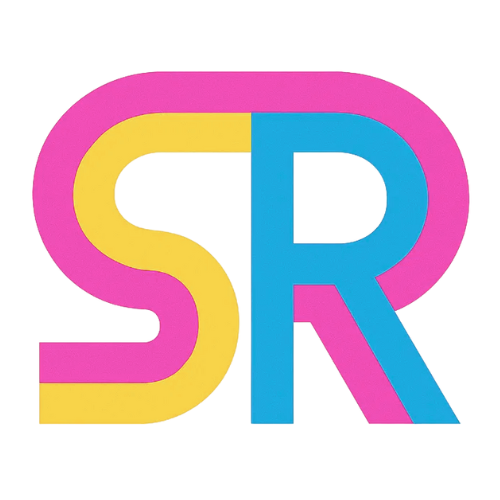 the initials SR in yellow, pink and blue